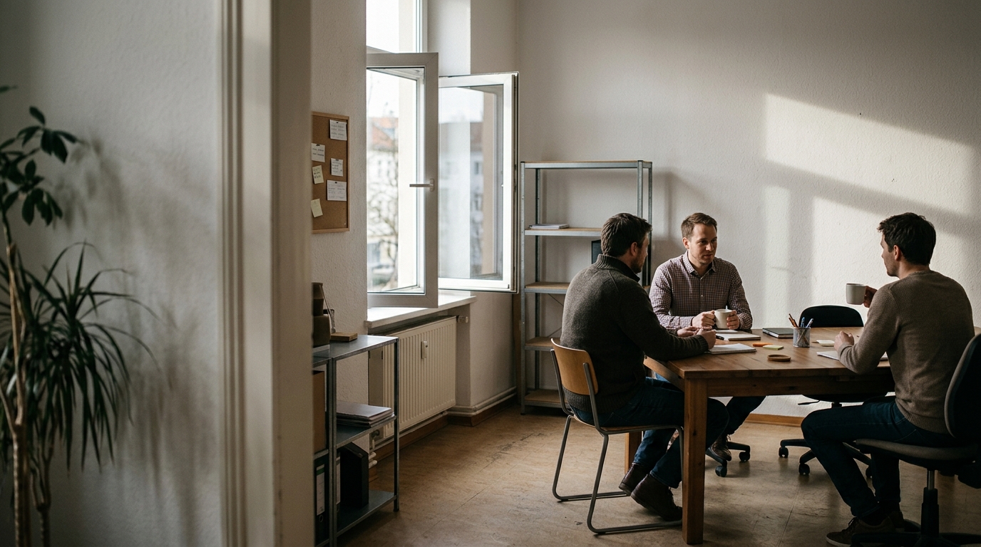 Ein für einen neuen Mitarbeiter vorbereiteter Arbeitsplatz: leerer Holztisch, Stuhl, zugeklappter Laptop, Notizbuch und Schlüsselbund, im Hintergrund eine halb geöffnete Tür.
