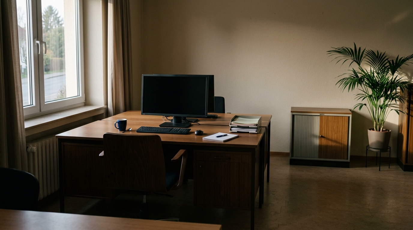 Ein verwaister Arbeitsplatz in einem kleinen Büro mit leerem Stuhl, aufgeräumtem Tisch, kalter Tasse und abgeschaltetem Bildschirm, gedämpftes Seitenlicht.