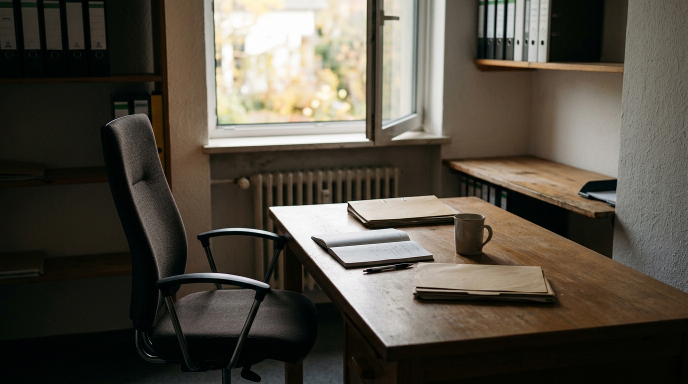 Ein für einen neuen Mitarbeiter vorbereiteter Arbeitsplatz: leerer Holztisch, Stuhl, zugeklappter Laptop, Notizbuch und Schlüsselbund, im Hintergrund eine halb geöffnete Tür.
