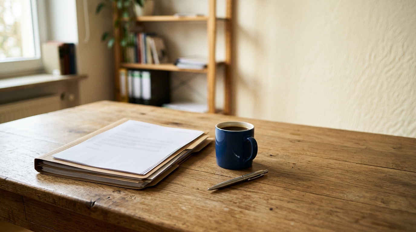 Ein aufgeräumter Schreibtisch aus Holz mit einem Stapel Personalunterlagen in einer Mappe, daneben Stift und Kaffeetasse, weiches Tageslicht von links.