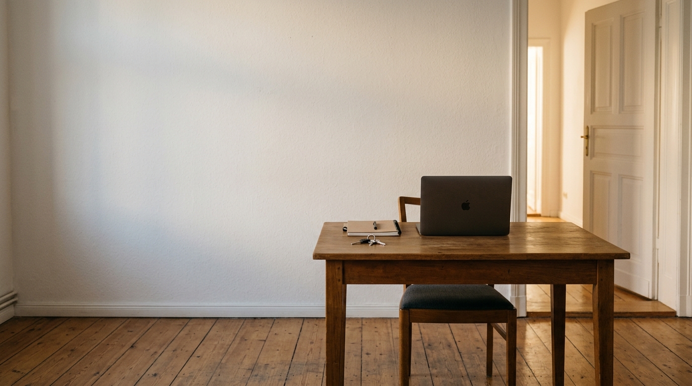 Ein für einen neuen Mitarbeiter vorbereiteter Arbeitsplatz: leerer Holztisch, Stuhl, zugeklappter Laptop, Notizbuch und Schlüsselbund, im Hintergrund eine halb geöffnete Tür.