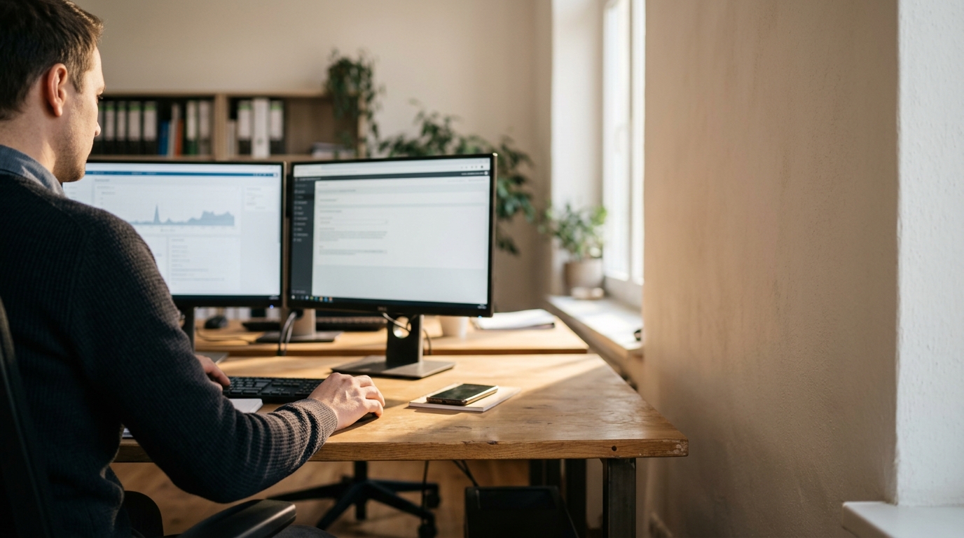 Ein für einen neuen Mitarbeiter vorbereiteter Arbeitsplatz: leerer Holztisch, Stuhl, zugeklappter Laptop, Notizbuch und Schlüsselbund, im Hintergrund eine halb geöffnete Tür.