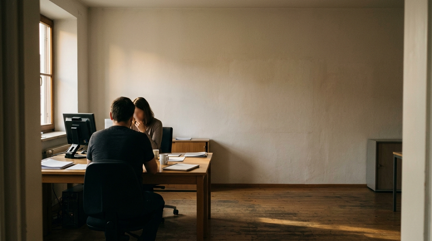 Ein für einen neuen Mitarbeiter vorbereiteter Arbeitsplatz: leerer Holztisch, Stuhl, zugeklappter Laptop, Notizbuch und Schlüsselbund, im Hintergrund eine halb geöffnete Tür.