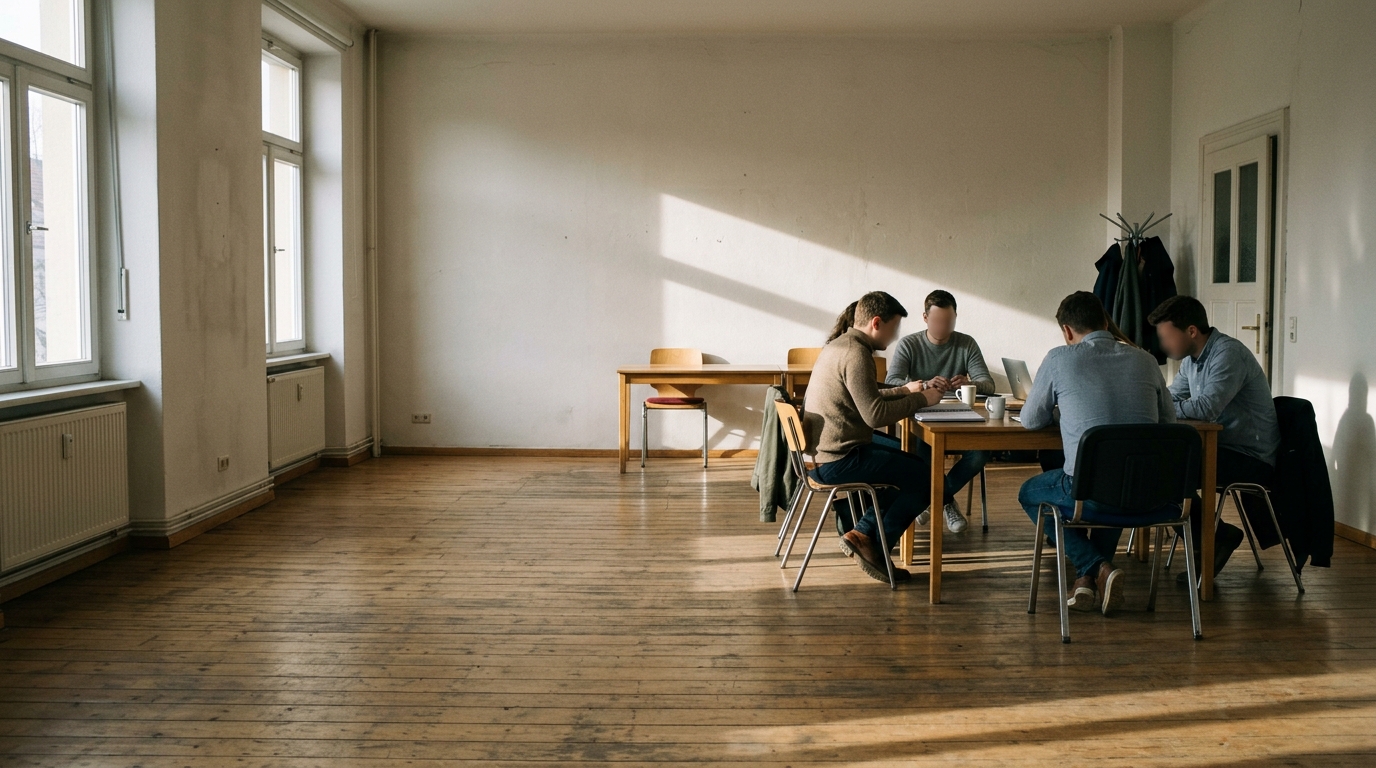 Ein leerer, für acht Personen bestuhlter Schulungsraum mit unbeschriebenem Flipchart, auf den Tischen liegen Blöcke und Stifte bereit.