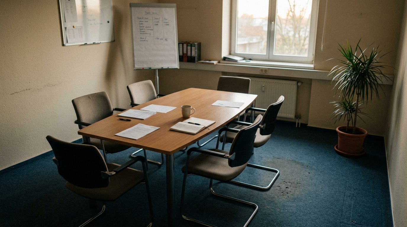 Ein leerer, für acht Personen bestuhlter Schulungsraum mit unbeschriebenem Flipchart, auf den Tischen liegen Blöcke und Stifte bereit.