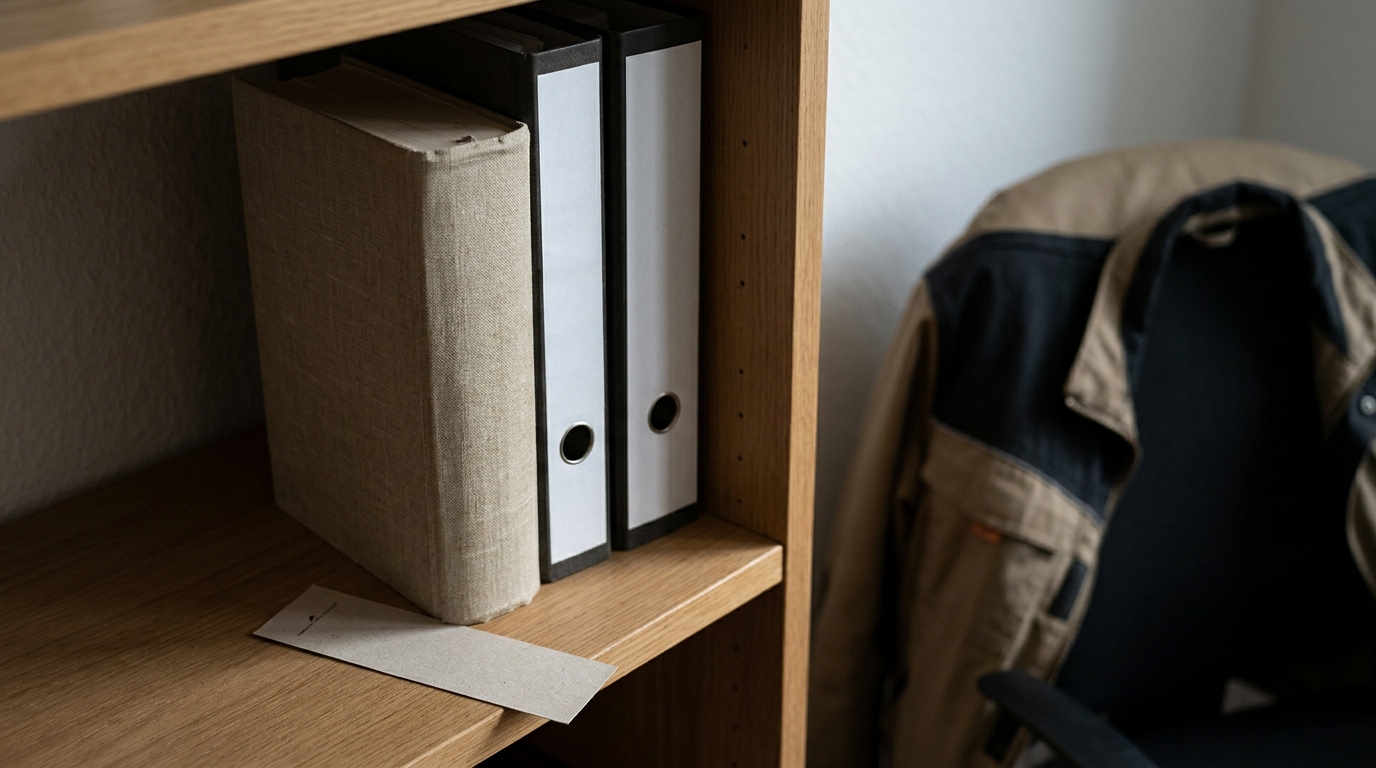 Ein abgegriffener Gesetzeskommentar mit Leinenrücken in einem Holzregal, daneben zwei Ordner mit unbeschrifteten Rücken, streifendes Seitenlicht.